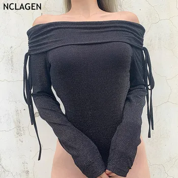 

NCLAGEN 2019 Autumn Women Sexy Wraped Slash Neck Shining Lurex Long Sleeve Bodysuits Bow Lace Up Skinny Rompers Slim Bodycon