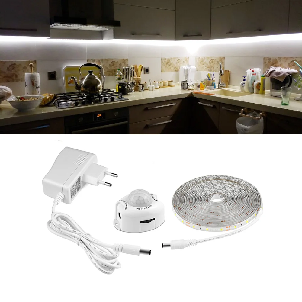 

LED Strip 12V Kitchen Closet Cabinet Lights Motion Sensor Light Strip 2A Power Supply Adapter LED Light Diode Tape Lighting Lamp