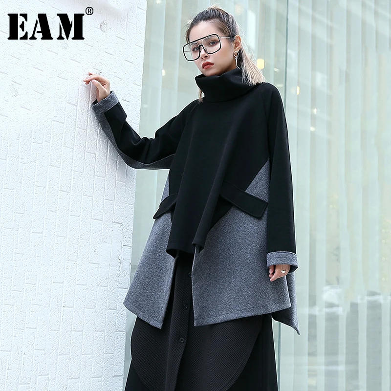

[EAM] Loose Fit Contrast Color Asymmetrical Woolen Sweatshirt New High Collar Women Big Size Fashion Autumn Winter 2020 1B335