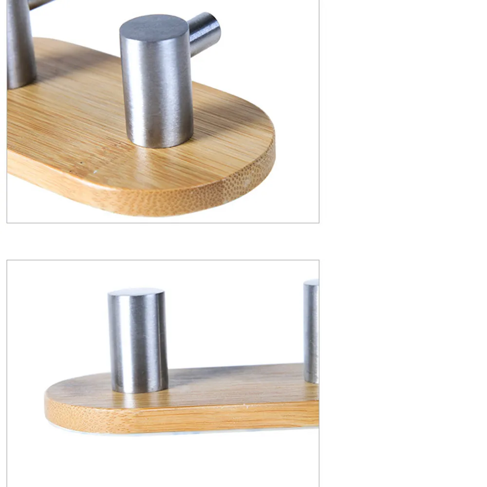Adhesive Natural Bamboo Stainless Steel Hook Wall Clothes Bag Headphone Key Hanger Kitchen Bathroom Door Towel Rustproof Y1