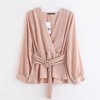 

Zatrf women's new fall 2019 V-Neck long sleeve casual loose shirt with belt double breasted shirt 09878199942