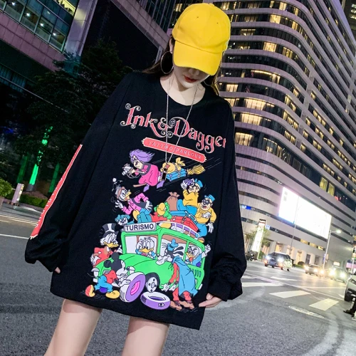 

2019 Spring Summer Actual Shot New Cartoon Printed Mesh Medium Long Thai Drying Fashion Women Work Wear Pullovers Sweatshirt