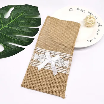 

10 Pcs Burlap Lace Cutlery Bag Vintage Jute Tableware Party Supplies Hessian Pouch Holder Wedding Table Decor Home Adornment