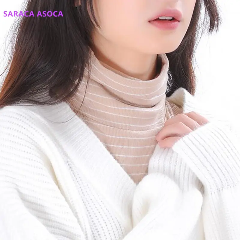 

Fashion Knitting Striped Fake Collar Women All Match Elastic Bust Knitted Pullover Turtleneck Sweater Detachable Collar Girls