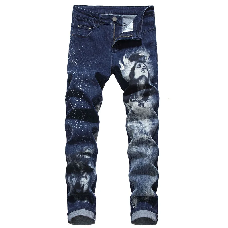 

Men 3D Print Beauty & Wolf Elasticity Biker Jeans Streetwear Hip Hop Motorcycle Skinny Joggers Denim Pants Plus Size 51 52