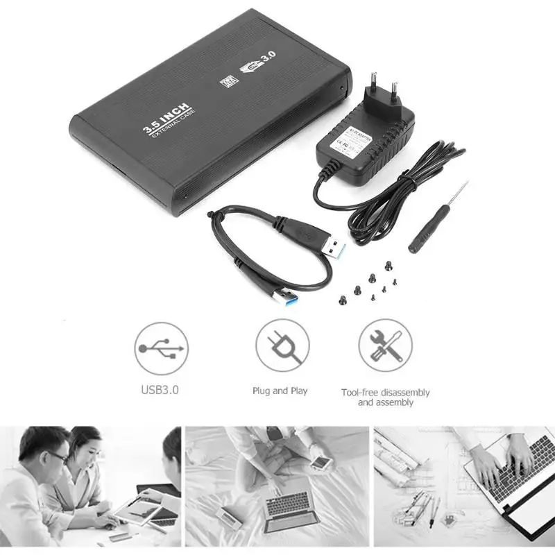 Price 3.5in Hard Disk Box SATA to USB3.0 Aluminum Alloy HDD Case EU US Plug External Hard Drive Enclosure with USB Cable for Computer