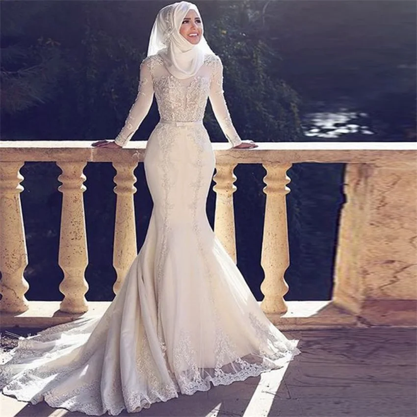 

Long Sleeves Muslim Wedding Dresses 2020 With Hijab Tulle Sweep Train Applique Chiffon Floor-Length Mermaid Arabic gelinlik