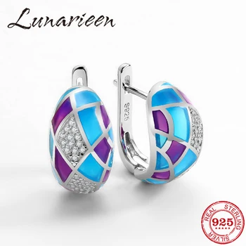 

925 Sterling Silver Earrings For Women rhombus mesh pattern with Shimmering clear Cubic Zirconia blue HANDMADE Enamel Earring