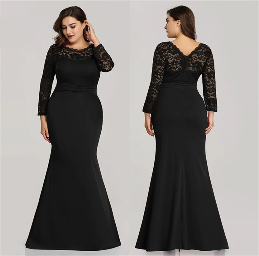 Новое Осеннее вечернее платье размера плюс с глубоким вырезом и длинными рукавами, кружевные Элегантные вечерние платья русалки - Цвет: Black2