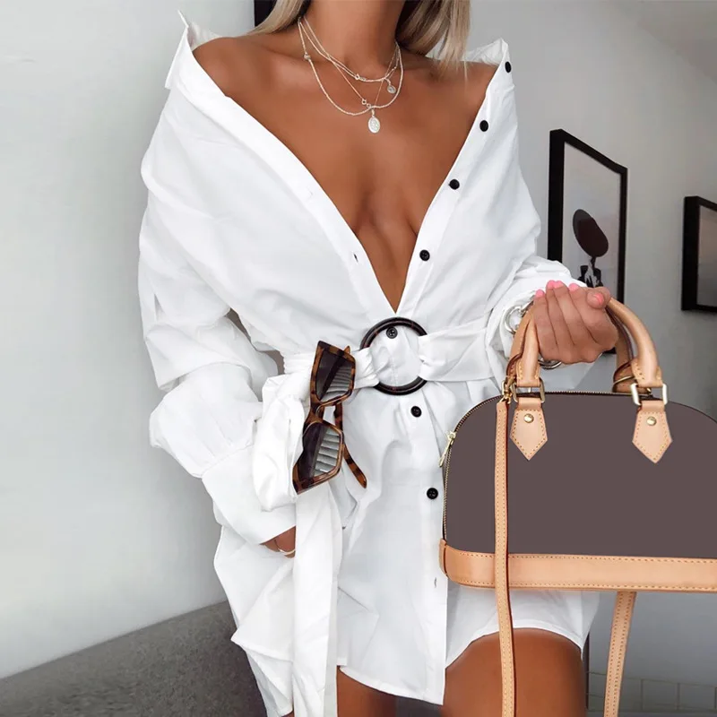 

WannaThis Blazer Dresses Cotton Long Sleeve Blouse Mini Dresses With Belt Autumn Winter Women Streetwear Loose Sexy white Solid