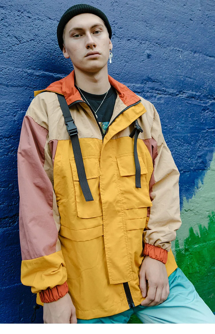 LENSTID осень открытый хип хоп цветной блок Винтаж с капюшоном ветровка спортивная куртка для мужчин Harajuku уличная Карманный мужской пальто