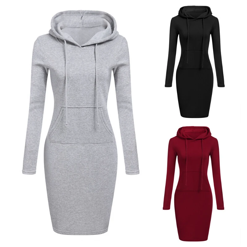 

2020 Fashion New Women'S Autumn And Winter Sweater Dress Casual Solid Warm Long Sleeves Slim Hooded Sweatershirt Dress Top Sell