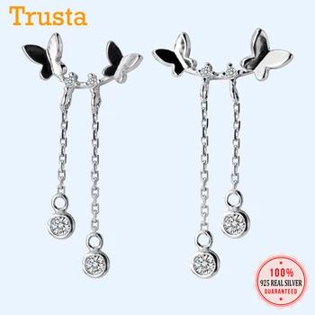 

Trustdavis Genuine 925 Sterling Silver Dazzling Butterfly CZ Chain Stud Earrings For Women Girls Fine Silver 925 Jewelry DT57