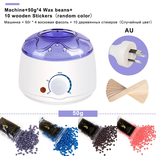 Hair Removal Wax-melt Machine Heater 200ml Wax Beans 10 Wood Stickers Hair Removal Machine Waxing Kit Calentador de cera Set 2 White AU plug