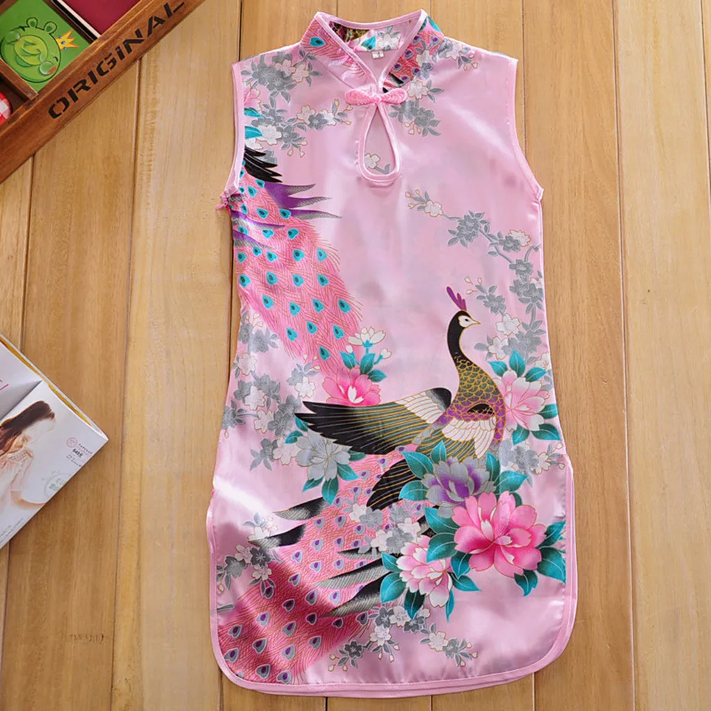 Chinese Qipao Floral Peacock Cheongsam Dress Floral Dress Elegant Toddler Baby Girls Children Clothes Formal Outfits 2-10T #B
