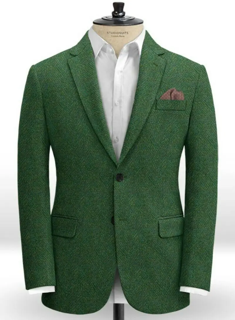 Зеленый твид елочка Бизнес Мужские костюмы Slim Fit для мужчин куртка блейзер с отворотами вентиляционное отверстие