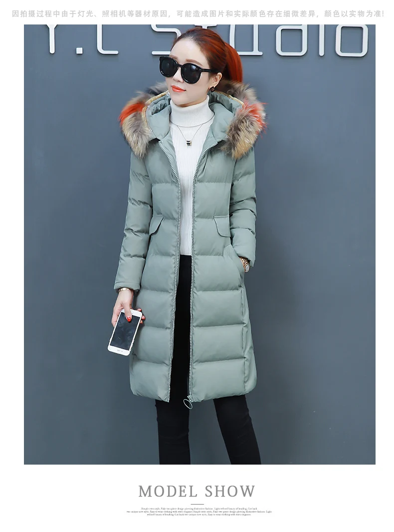 Autumn And Winter Thick Zipper Mid-length Cotton-padded Clothes Women's Korean-style Color Large Fur Collar over-the-Knee S