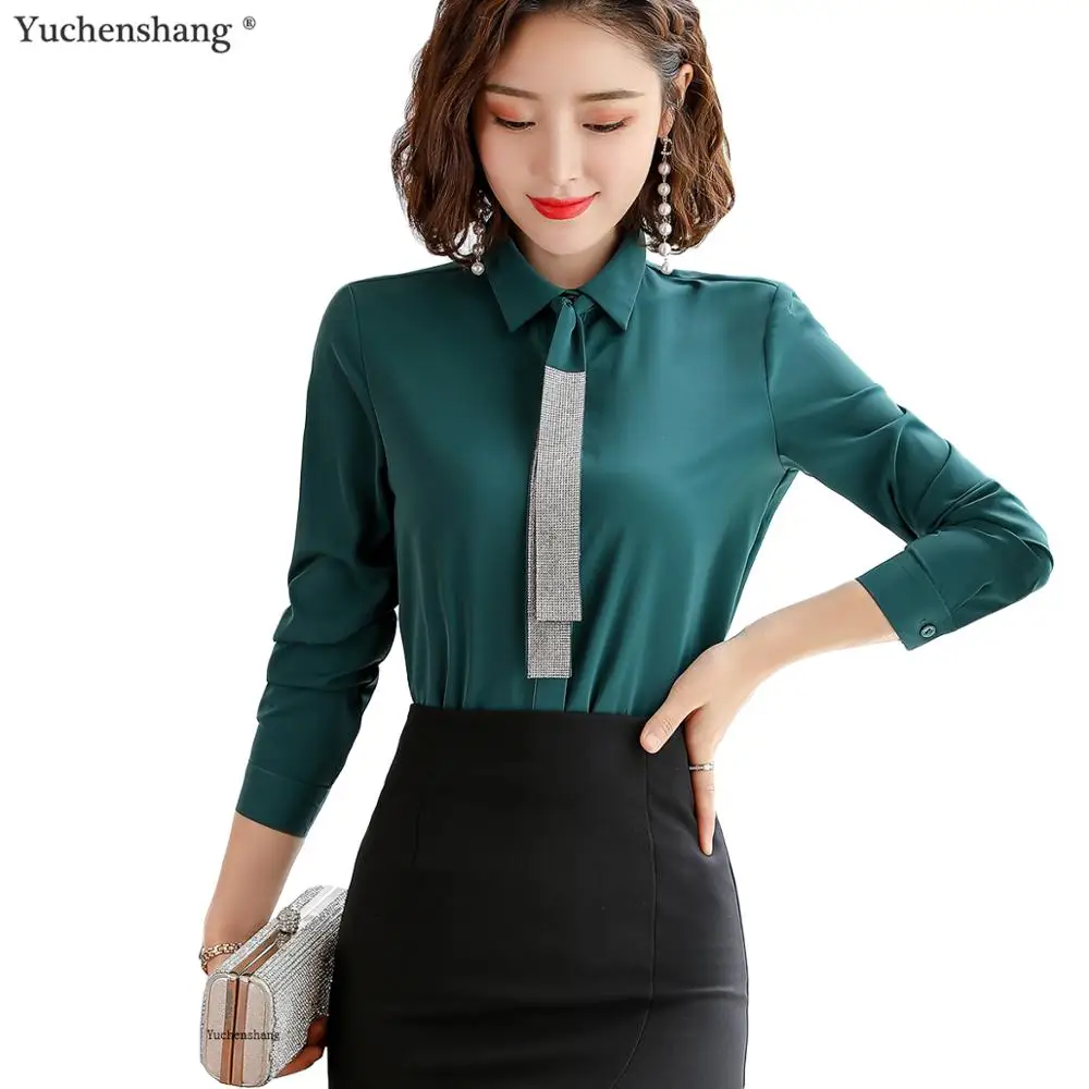 Blusa de manga larga para mujer, camisa de Chifón con cuello de lazo, ropa de oficina, color verde, blanco y negro|Blusas y - AliExpress