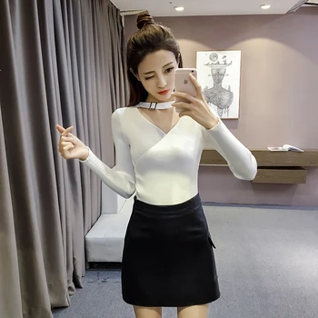 

382 #2017 Spring Clothing Fashion Long Sleeve Underwear V Neck Sweater Women's Pullover Short Knitted Sweater