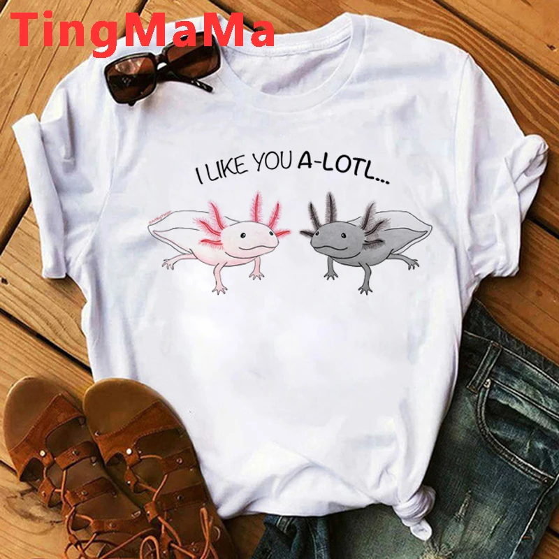 Kawaii Cartoon Axolotl T Shirt Women Funny Summer Tops Anime Graphic Tees Hip Hop Unisex Cute Harajuku Aesthetic Tshirt Female palm angels t shirt Tees