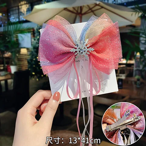 Pink bow ribbon-2pcs Корейские Детские аксессуары для волос; 2 принцессы; заколка для маленьких девочек; большие рождественские заколки-бантики для волос для девочек - Цвет: Pink bow ribbon-2pcs