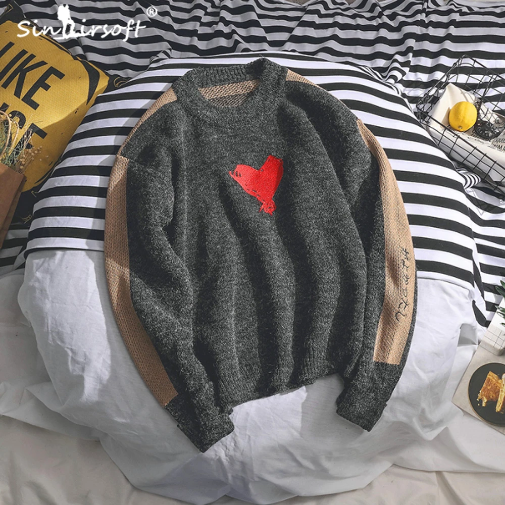 SINAIRSOFT Men's Heart Printing Patchwork Casual Sweater Loose Full Length Couple Wear Pullovers Letter Printed Fashion Top