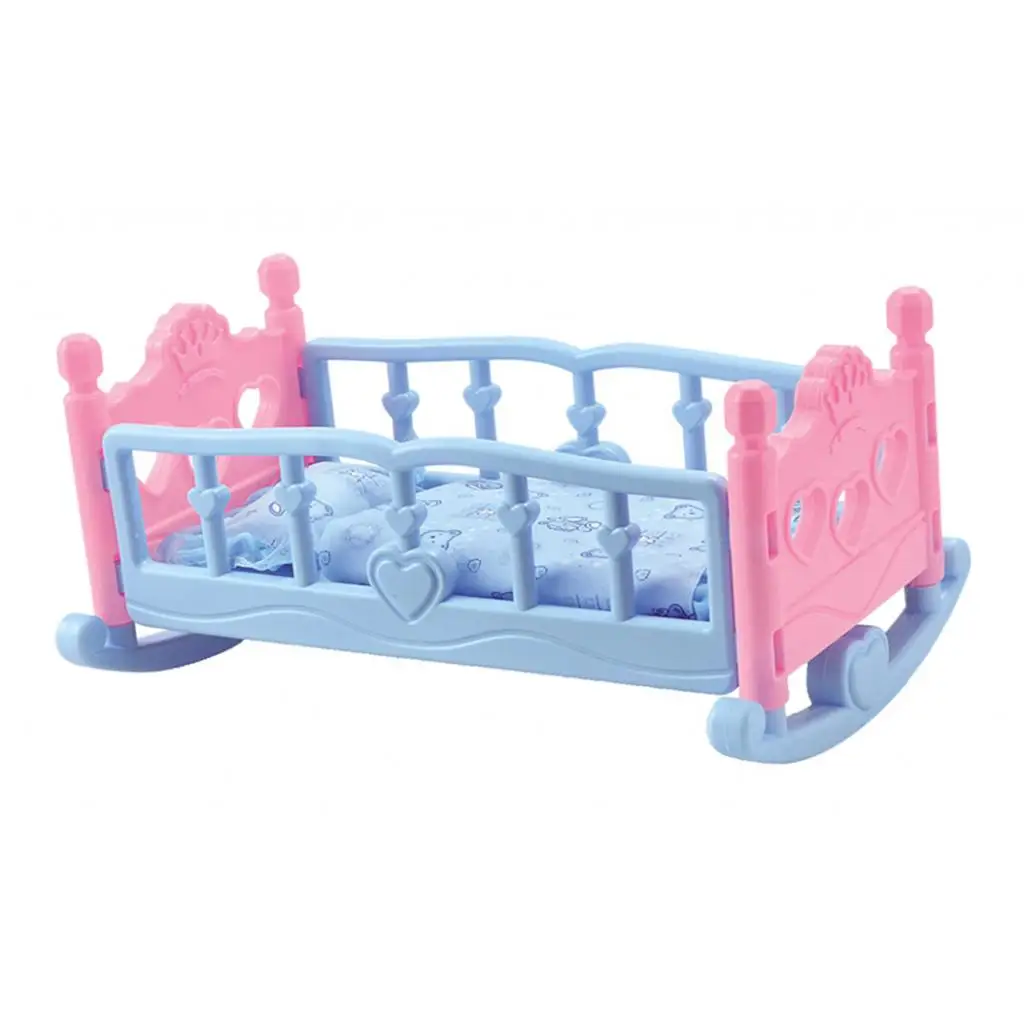 Dolls Cradle Rocking Bed Heart Design Bear Mattress Pillow Bedding Set