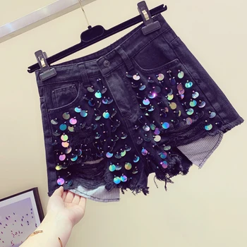

Ripped Denim Shorts Women's Summer New European Style Beaded Sequined Three-dimensional Flowers Fashion Fur Trim Jean Shorts