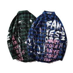 1403 весенние мужские рубашки с длинным рукавом с буквенным принтом свободные японские уличные свободные хлопковые Модные клетчатые