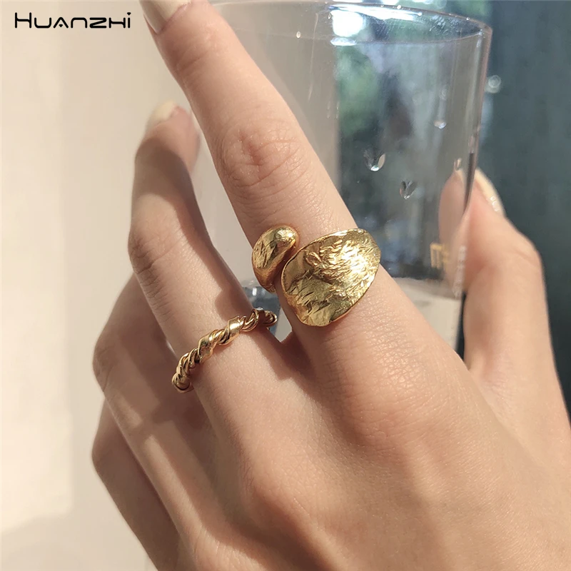 HUANZHI 2020 New Korea Metal Gold Silver Color Water Droplets Irregular Tin Foil Paper Texture Opening Ring for Women Jewelry | Украшения и
