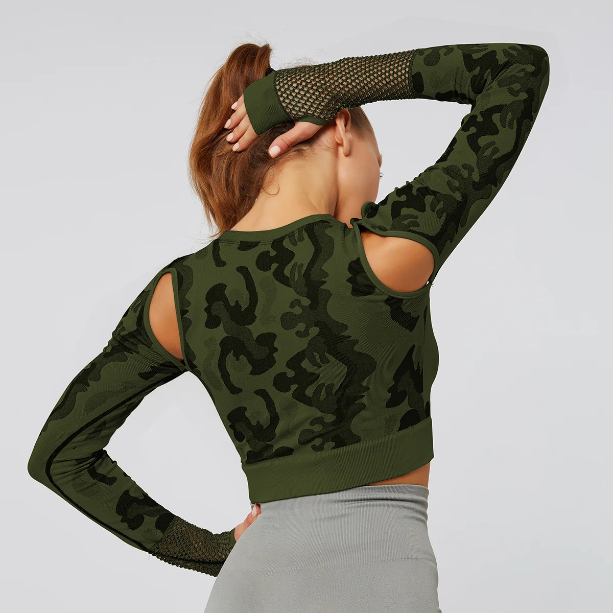 Женское Бесшовное Облегающее с длинными рукавами для йоги быстросохнущая футболка для йоги с вырезами сексуальный топ для йоги с длинными рукавами Женский Камуфляжный спортивный топ для йоги
