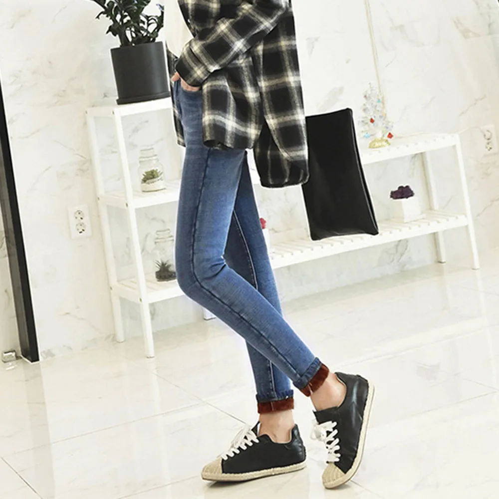 Зимние толстые теплые флисовые джинсы для женщин с высокой талией джинсовые узкие повседневные штаны размера плюс S-5XL винтажные синие корейские модные - Цвет: Коричневый