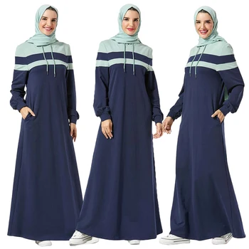 

Dubai Casual Sweatshirt Abaya Women Muslim Sports Hooded Arab Dress Long Sleeve Kaftan Robe Patchwork Clothing Autumn Fashion