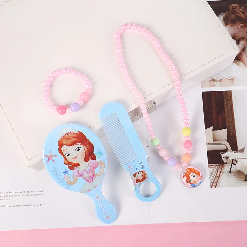 4pcs Disney princess cartoon Mirror comb+necklace bracelet Elsa Jewelry accessories children Frozen doll girl gift cosmetic toy