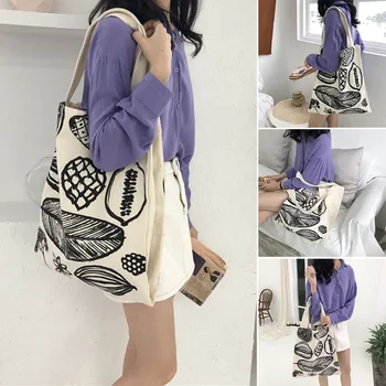 

Women Canvas Shoulder Bag Leaf Printing Female Large Capacity Shopping Bag Lady Eco Pure Beige Handbag Junior Miss Tote