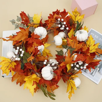 

1.9M Halloween Wreath Autumn Theme Door Wreath Artificial Pumpkin Berries Pine Cone Rattan Home Halloween Decoration Rattan