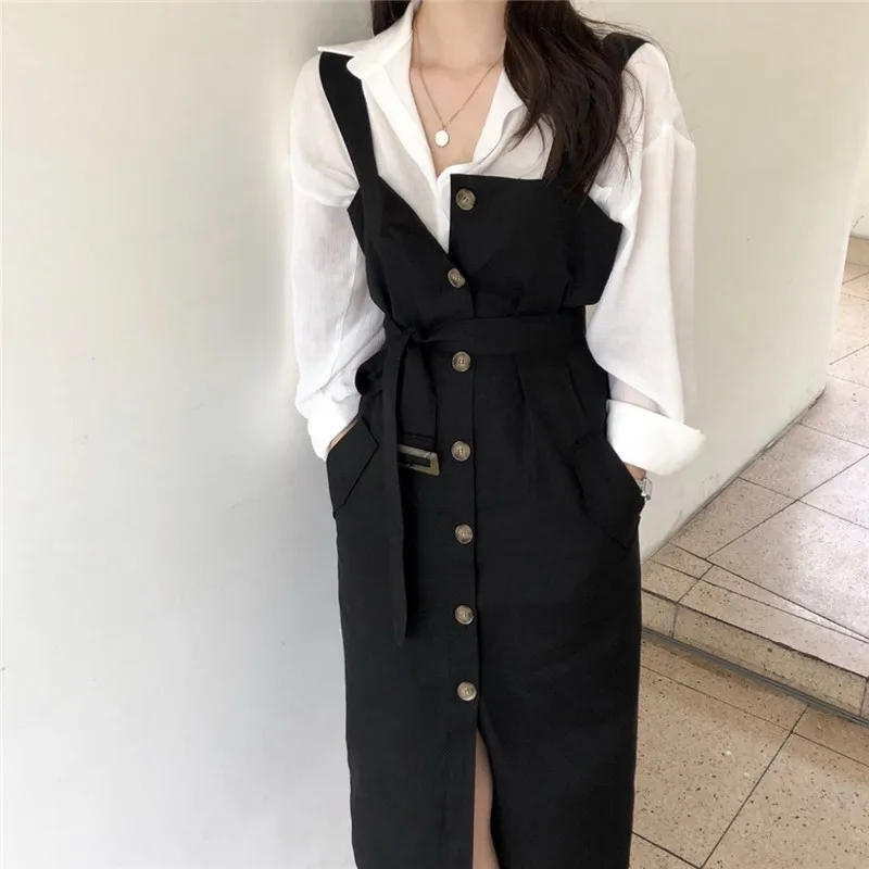 

2019 Autumn South Korea INS Online Celebrity Simple Tops Shirt Women's + Camisole Suspender Strap Full Body Dress Set Two-Piece