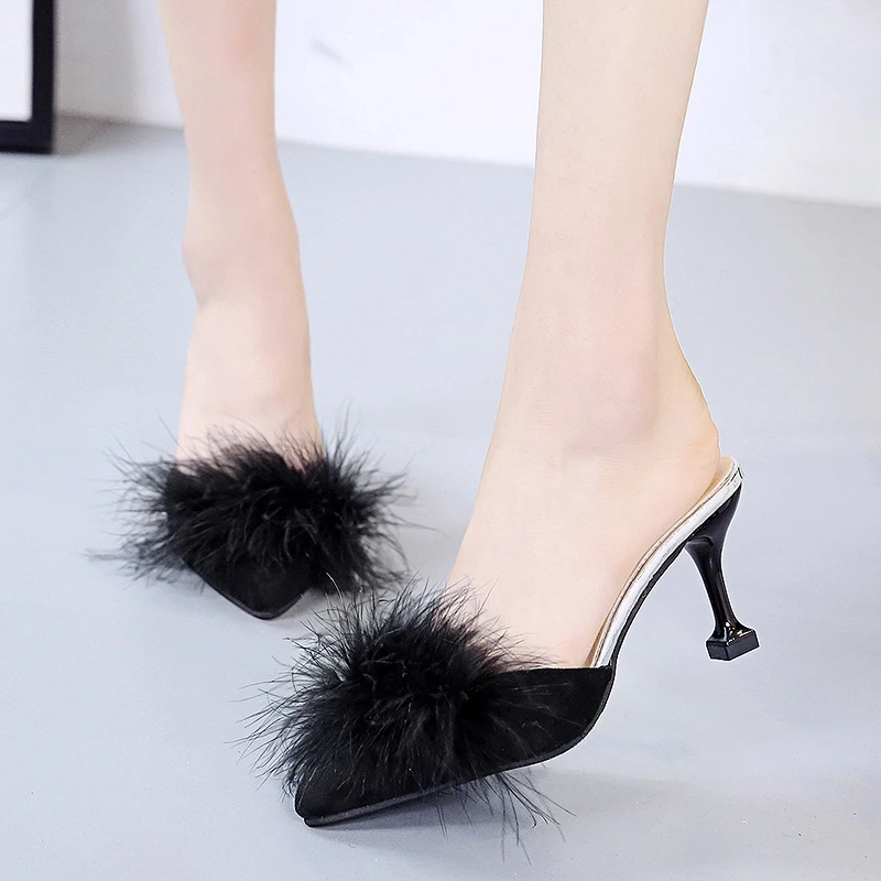 COVOYYAR Womens Feather Thin High Heels Peep Toe Fur Slippers Mules Lady Pumps Slides