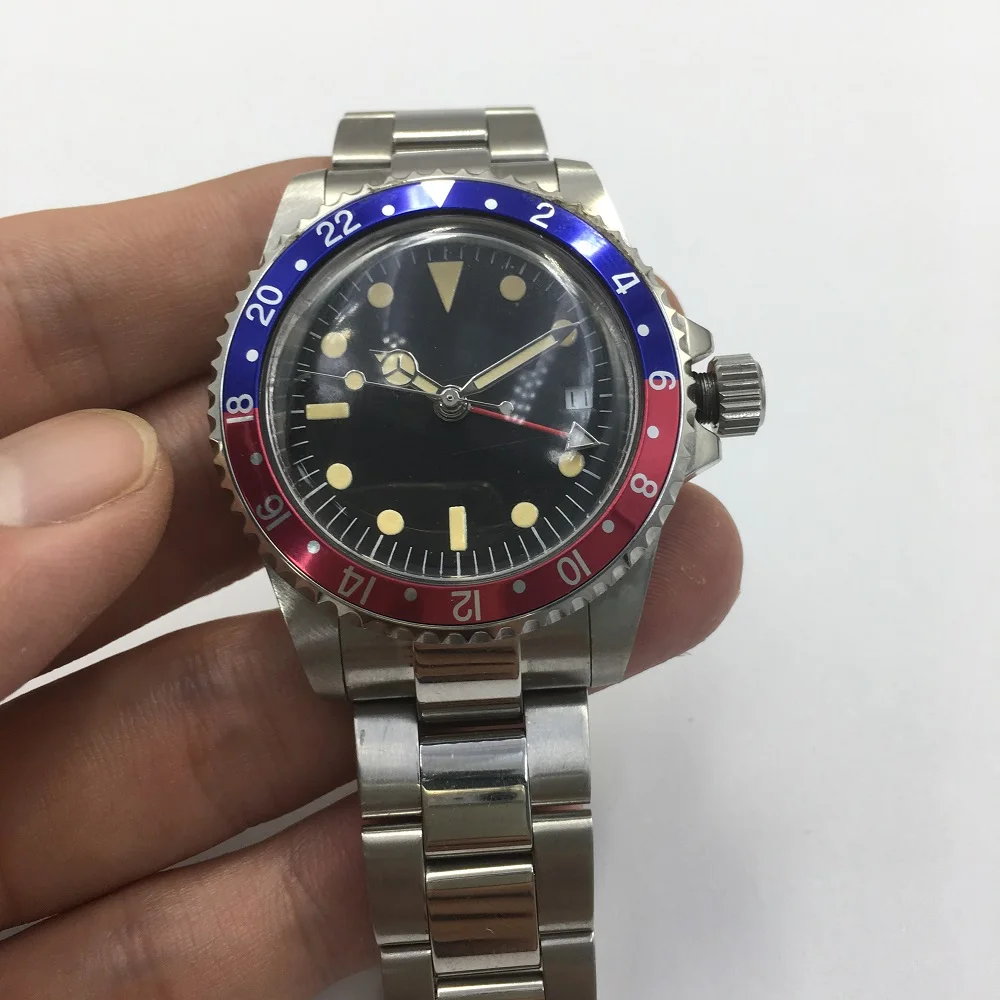 

Antique watch Automatic Mechanical 1960 Retro GMT Watch Men's 40mm black Sterile Dial blue red Aluminum Sheet Bezel Luminous