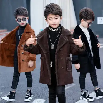 

2020 Boys Wool Coat Thicken Autumn Winter Woolen Children's Long Plus Velvet Double-breasted Jacket Windbreaker Kids Overcoat