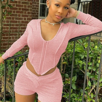 

Womens Loungewear Set Autumn Long Sleeve Crop Top Shorts Two Piece Set Solid Color Casual Zipper Hoodie 2 Piece Outfits