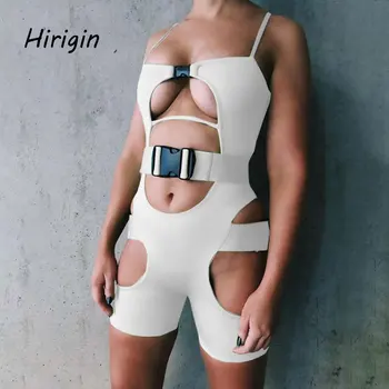 

sexy women Spaghetti strap playsuits Solid Breast Perspective Leg and waist Hollow Out Rompers for party Sexy Bodycon Bodysuit