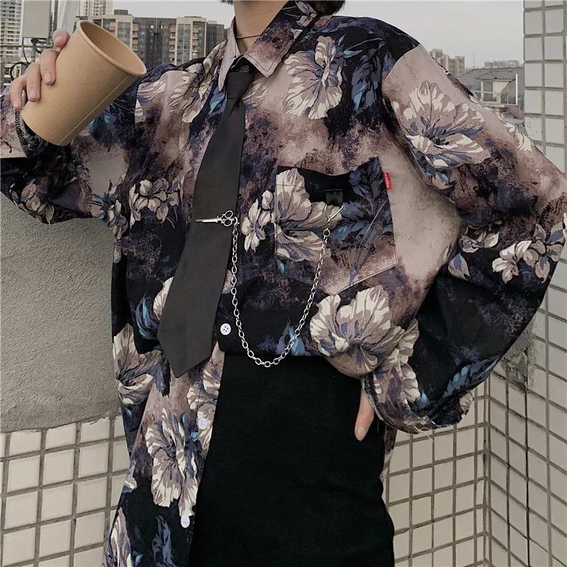 DARK 2020 Autumn Korean Ins Harajuku Self-collar Tie Retro Oil Painting Long-sleeved Shirt Men And Women Autumn Jacket