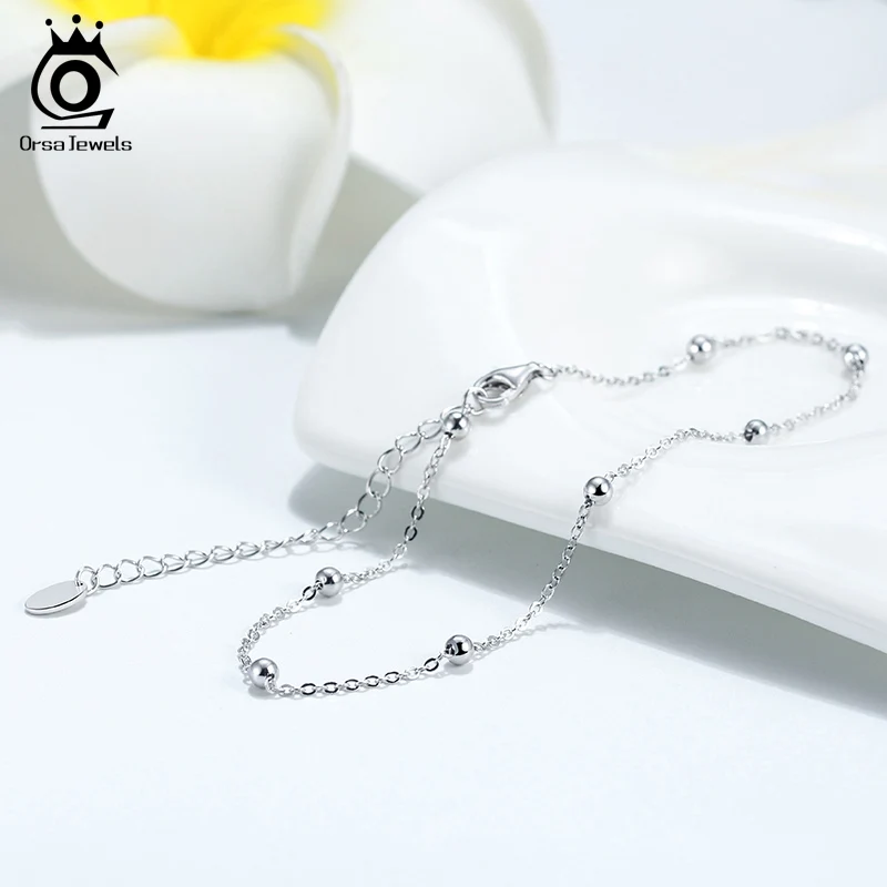 ORSA JEWELS Beads Adjustable Anklets Bracelet 100% 925 Silver Gold Silver Color Girl Women Barefoot Ankle Jewelry Gift SA05