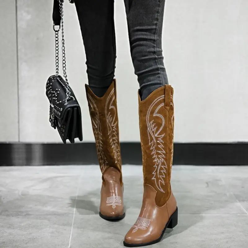 FITWEE New Women Knee High Boots Patchwork Vintage Shoes Woman Fashion Thick Heel Female Warm Winter Mujer Zapatos Size 33-46