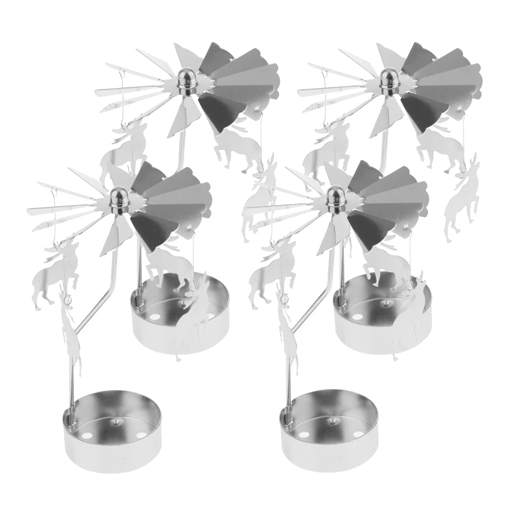 4 Pack Spinning Elk Deer Candle Holder, Silver Plated Metal Cut Tea Light Candle Stick for Tabletop Centerpiece Xmas Decoration
