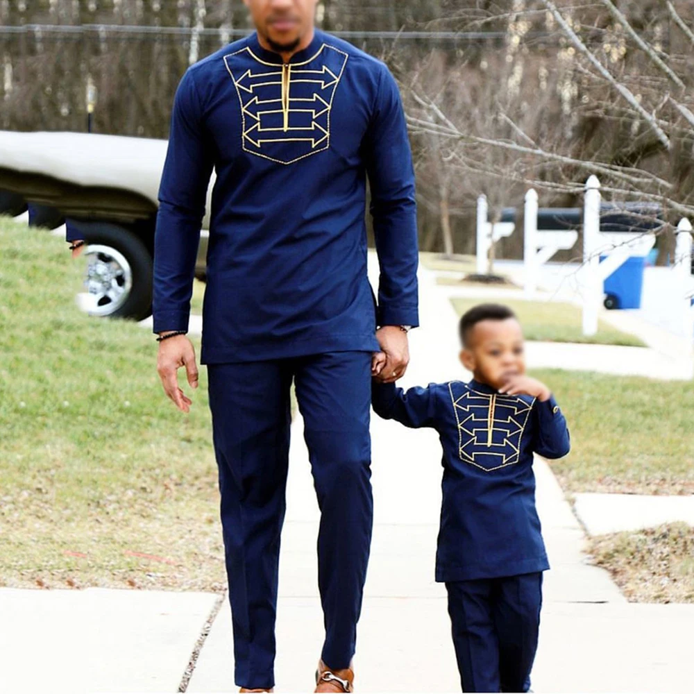 

H&D men kid boy african clothes long sleeve t shirt pants suit for male father son dashiki embroidery clothing party wears 2019