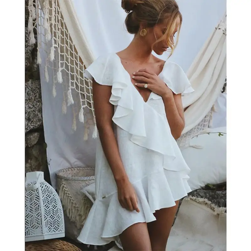 

Beach Cover Up Swimsuit women White V Neck Beach Dress Bikini Swimwear Bathing Suit Summer Beach Wear Ruffle Tunic