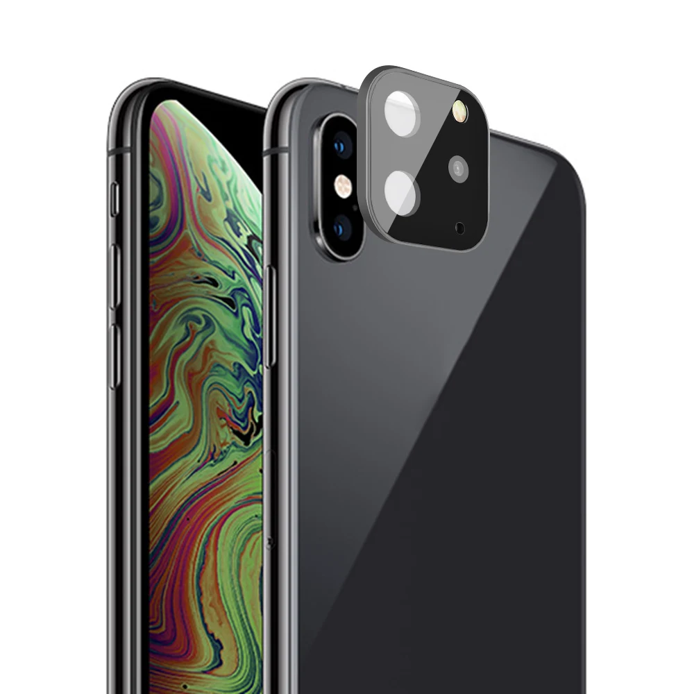 Черный Поддельный объектив камеры Защитная крышка чехол IPhone X XS Max конвертировать в IPhone 11 Pro Max закаленная Защитная стеклянная пленка для экрана - Цвет: Черный