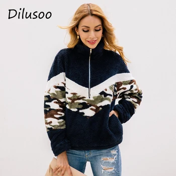 

Dilusoo Camouflage Print Contrast Plush Sweatshirt Women Autumn Winter Pullover Casual Woman Warm Thick Zipper Pocket Sweatshirt